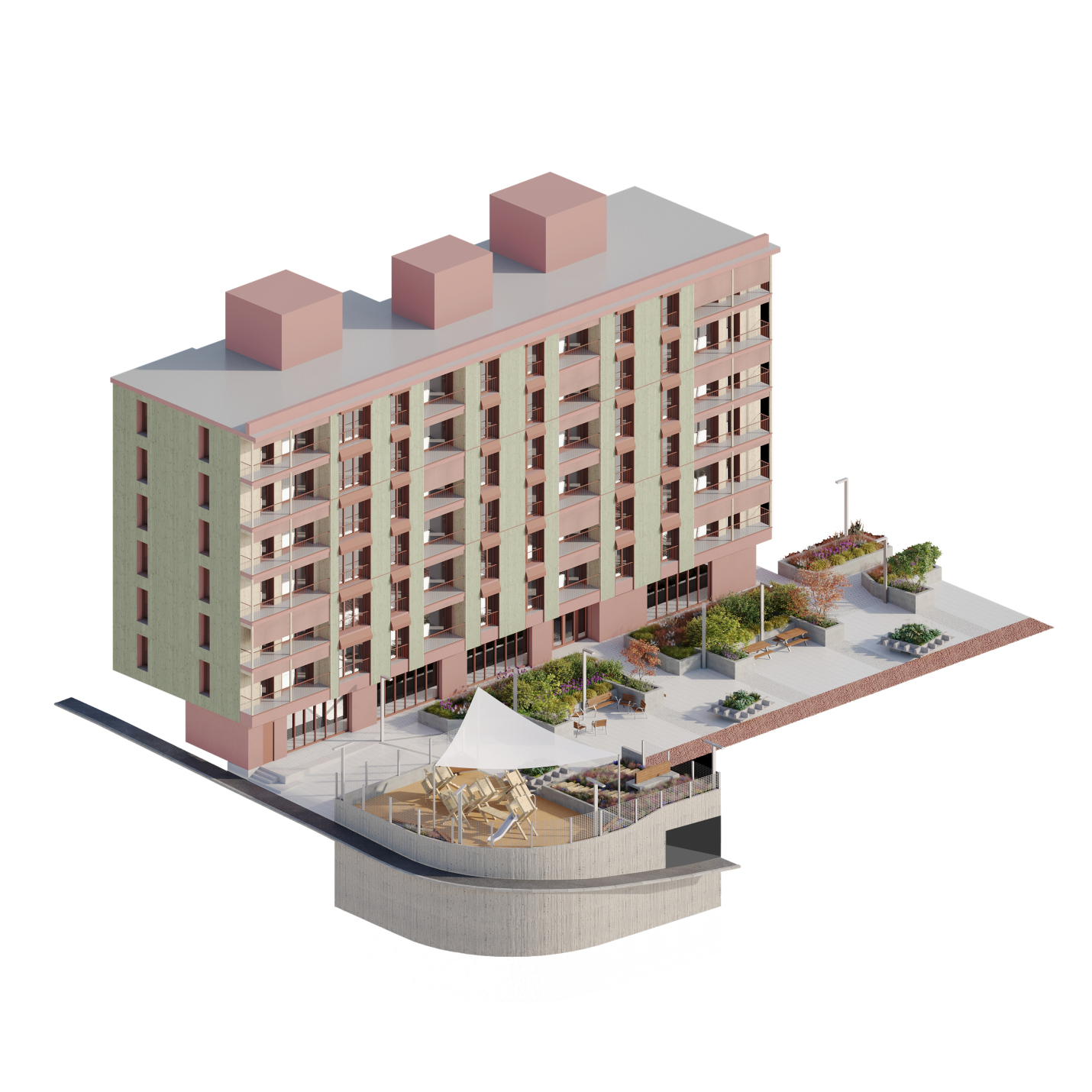 axonometria de l edifici plurifamiliar i la placa